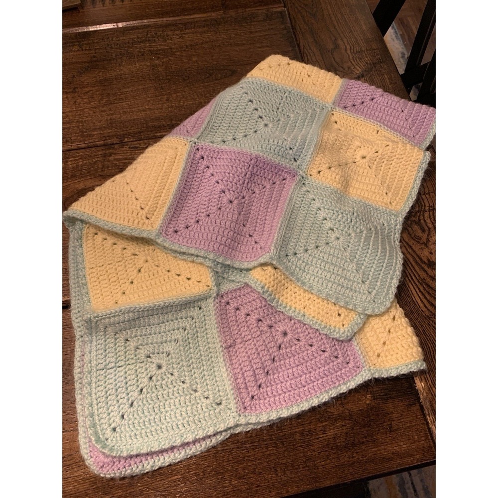 Vintage Granny Square Baby Blanket Throw Pastel 61"x 30"Spring Crochet Afghan